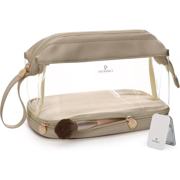 Pocmimut Handbags - Clear Makeup Bag PU Leather Large Wide-Open Double Layer Cosmetic Bag